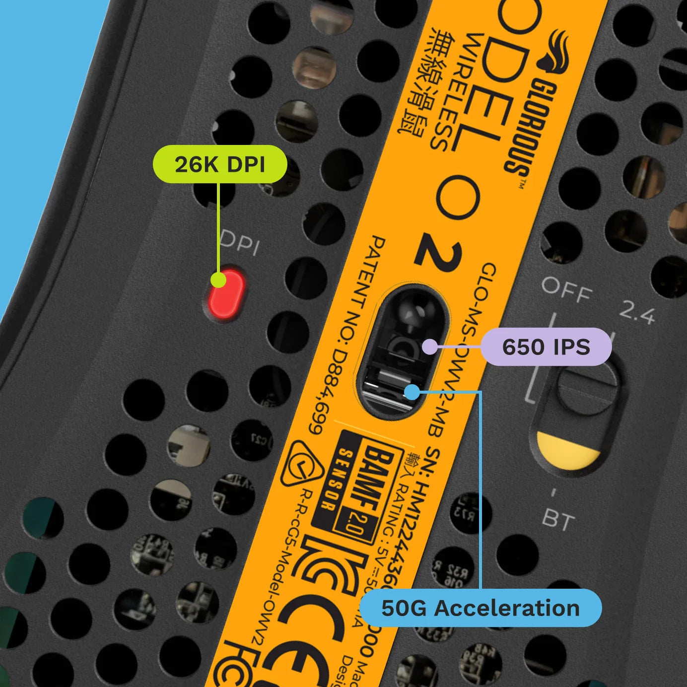 The BAMF 2.0 sensor allows the Model O 2 Wireless mouse to achieve 50G acceleration, 650 IPS, and up to 26,000 DPI.
